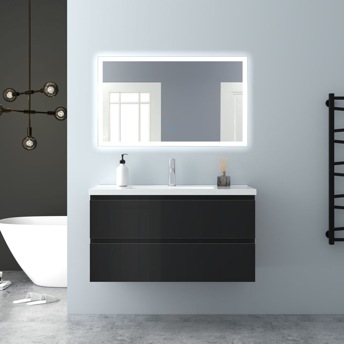 Badezimmermöbel 100cm Keramik Waschtisch mit Unterschrank Badmöbel set Badezimmerschränke mit 2 Soft-Close Schubladen Hochglanz Schwarz