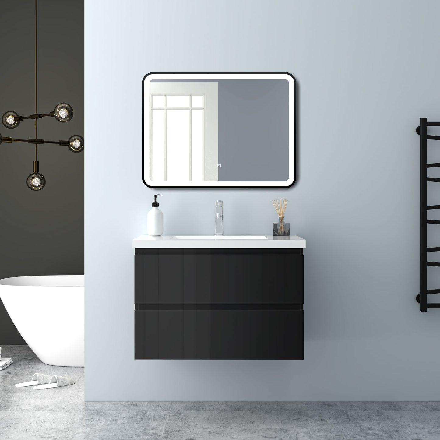 Badezimmermöbel 80cm Mineralguss Waschtisch mit Unterschrank Badmöbel set Badezimmerschränke mit 2 Soft-Close Schubladen Hochglanz Schwarz