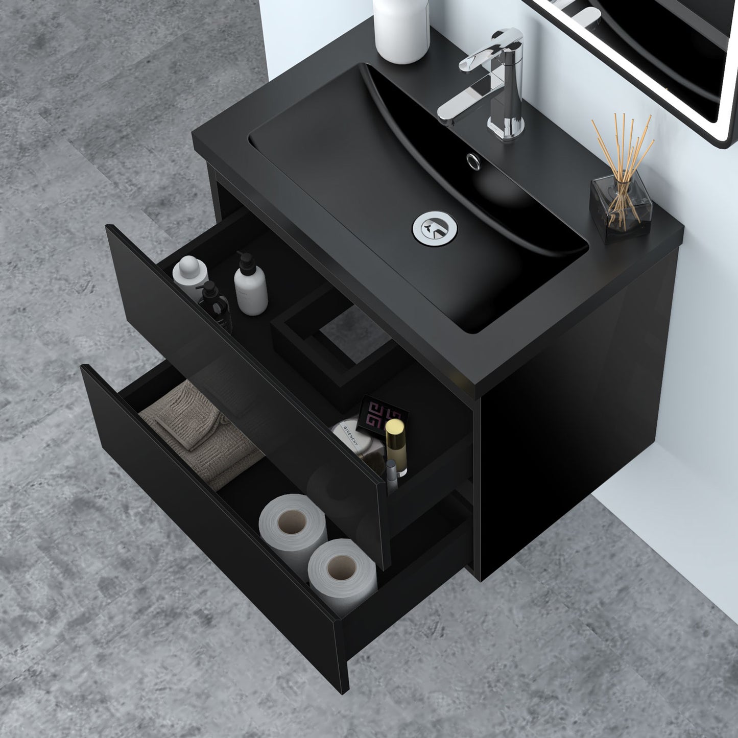 Badezimmermöbel 60cm Schwarz Mineralguss Waschtisch mit Unterschrank Badmöbel set Badezimmerschränke mit 2 Soft-Close Schubladen Hochglanz Schwarz