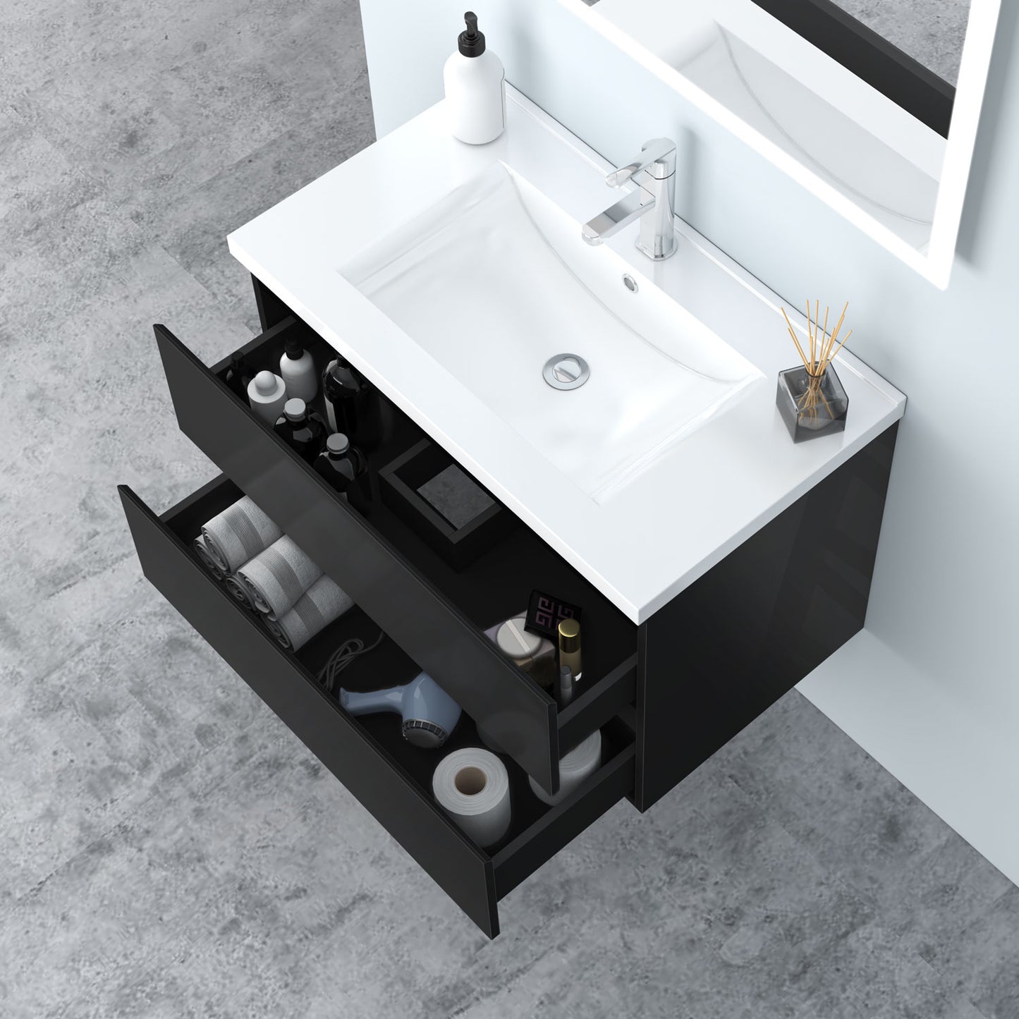 Badezimmermöbel 80cm Keramik Waschtisch mit Unterschrank Badmöbel set Badezimmerschränke mit 2 Soft-Close Schubladen Hochglanz Schwarz