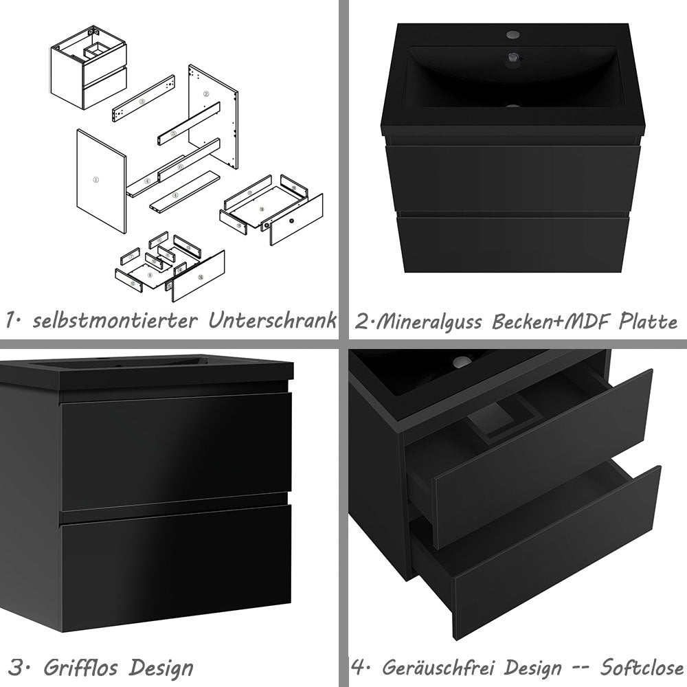 Badezimmermöbel 60cm Schwarz Mineralguss Waschtisch mit Unterschrank Badmöbel set Badezimmerschränke mit 2 Soft-Close Schubladen Hochglanz Schwarz