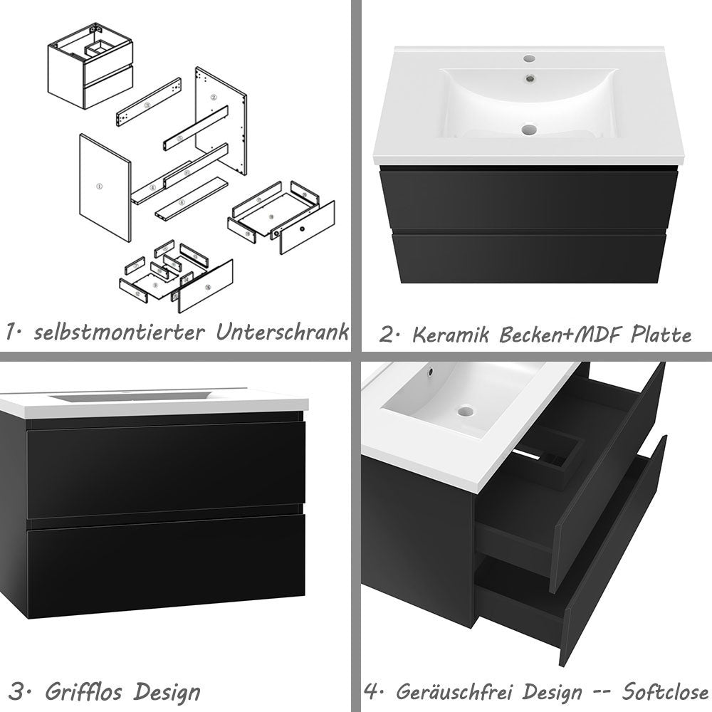 Badezimmermöbel 80cm Keramik Waschtisch mit Unterschrank Badmöbel set Badezimmerschränke mit 2 Soft-Close Schubladen Hochglanz Schwarz