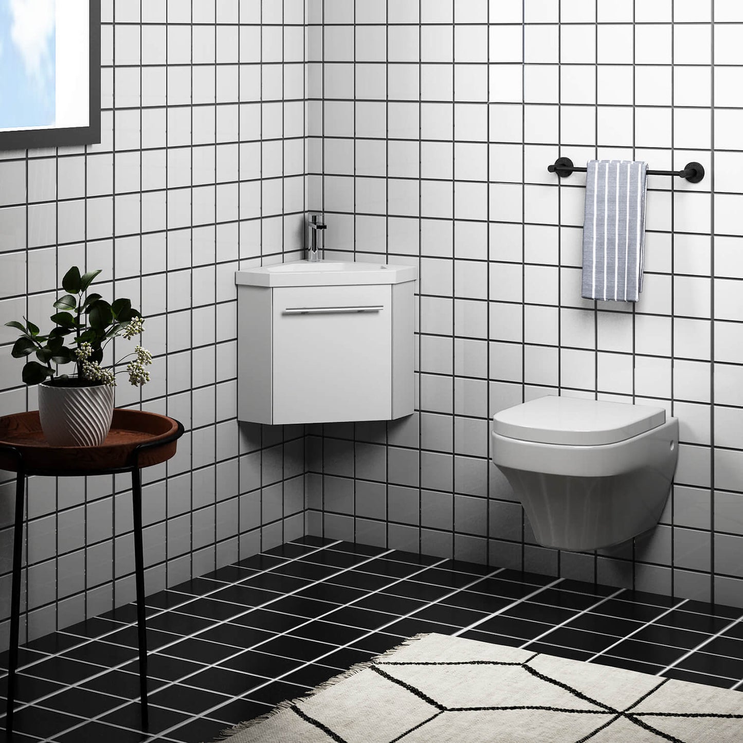 Eck-Badmöbel Set Weiß Waschbecken mit Unterschrank inkl. 1-Tür Soft-Close Funktion