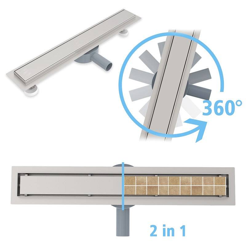 Duschrinne mit 360° drehbarem Siphon, befliesbarer Bodenablauf mit Geruchsstop und Haarsieb 80cm