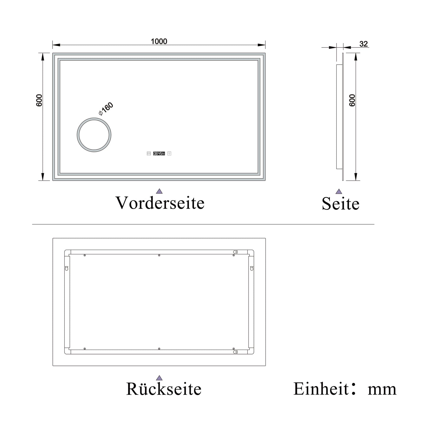 LED Badspiegel 100×60cm Uhr, Touch, Beschlagfrei, 3 Lichtfarbe 2700-6500K ,3x Lupe,Dimmbar,Wandspiegel
