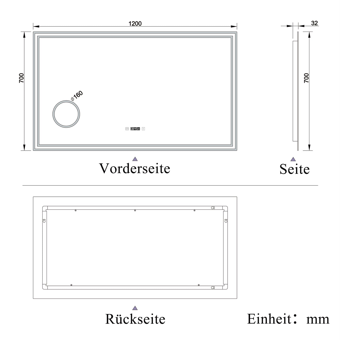 LED Badspiegel 120×70cm Uhr, Touch, Beschlagfrei, 3 Lichtfarbe 2700-6500K ,3x Lupe,Dimmbar,Wandspiegel