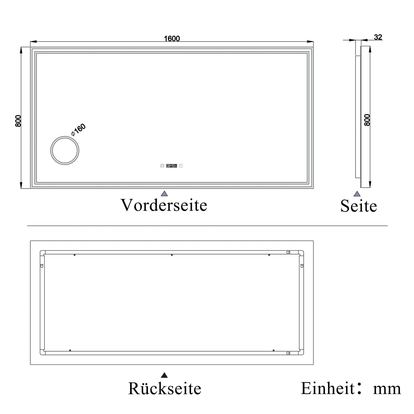 LED Badspiegel 160×80cm Uhr, Touch, Beschlagfrei, 3 Lichtfarbe 2700-6500K ,3x Lupe,Dimmbar,Wandspiegel