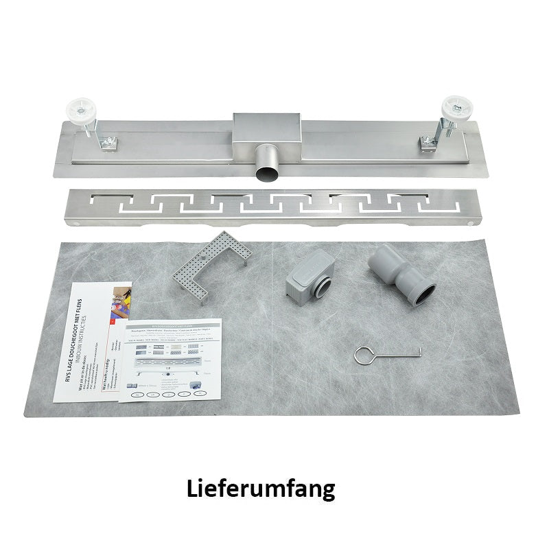 Duschrinne Edelstahl Duschablauf flach Bodenablauf Komplettset Siphon mit Geruchsstop und Haarsieb Griechisch 60cm