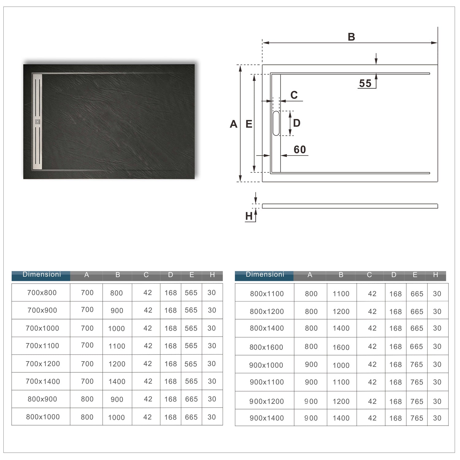 flache Duschwanne / Duschtasse Für Duschkabine 120x80 x H.3 cm Schwarz Dimensions