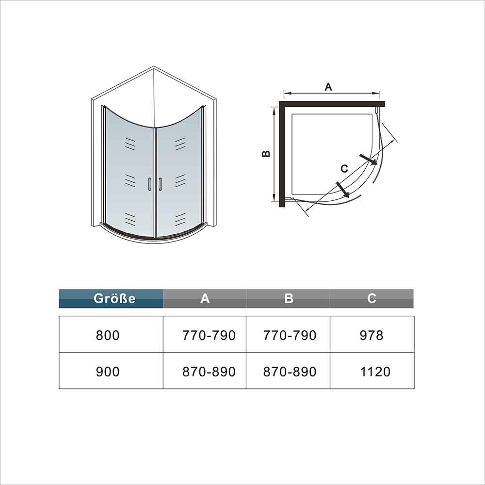 Viertelkreis Duschkabine 80X80 x H. 195 cm Drehtür Dusche Eckeinstieg Runddusche + Duschrückwände Duschabtrennung Glas Dimensions