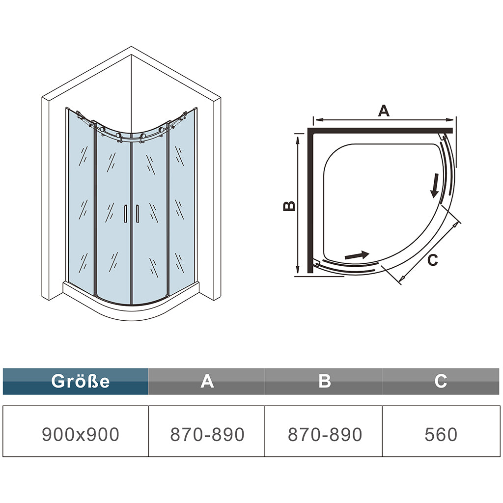 Viertelkreis Duschkabine 90X90 H. 195 cm Runddusche Schiebetür Eckeinstieg Duschabtrennung Glas Glasschiebetür Dimensions