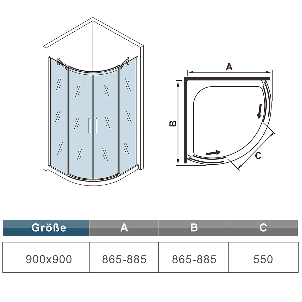 Viertelkreis Duschkabine 90X90 x H. 195 cm Runddusche Schiebetür Eckeinstieg Duschabtrennung Glas Glasschiebetür Dimensions