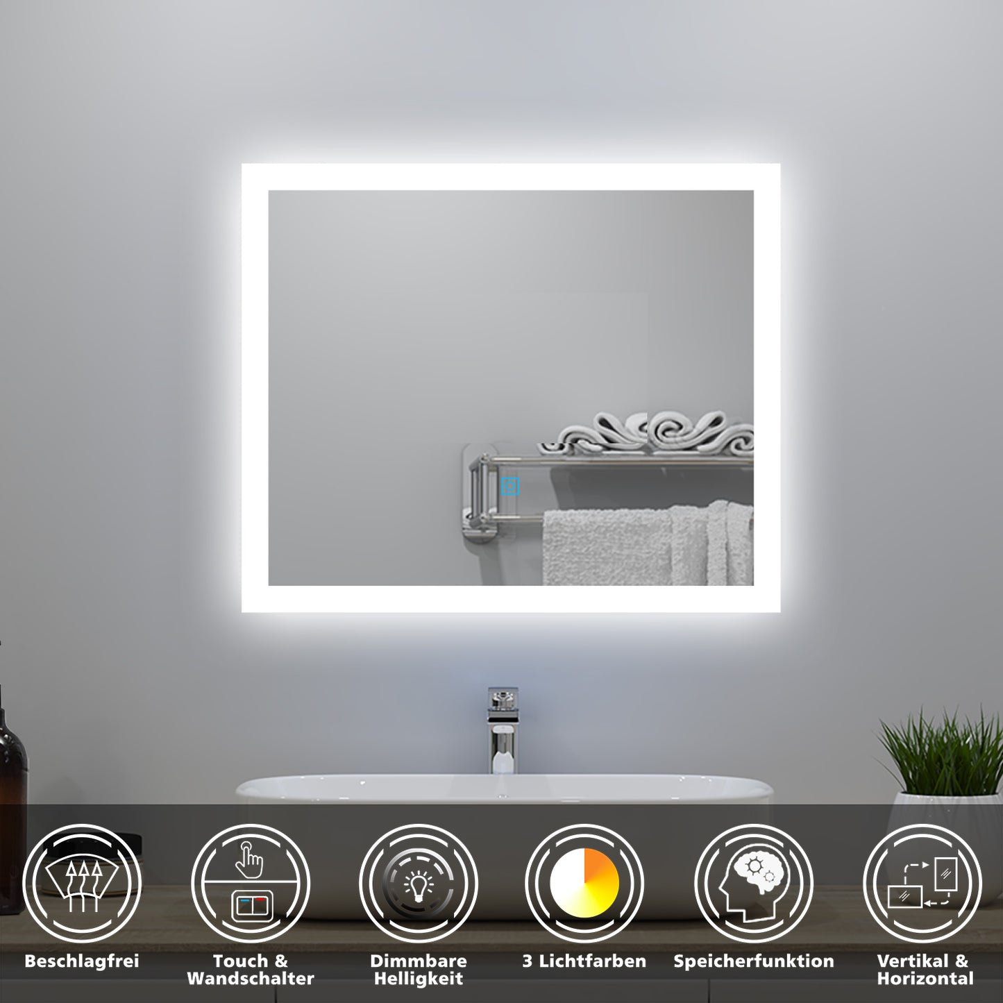60x50cm LED Badspiegel mit Wandschalter/Touchschalter,Badspiegel mit Beleuchtung,Beschlagfrei,Badezimmerspiegel mit 3 Lichtfarbe 3000-6000K Dimmbar,IP44
