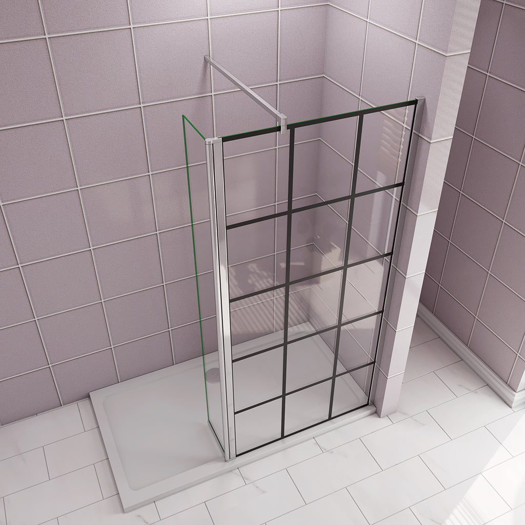 Walk in Duschwänd 100+40 Gittermuster mit Schwenkbar Stabilisationsstange 140 cm für badezimmer