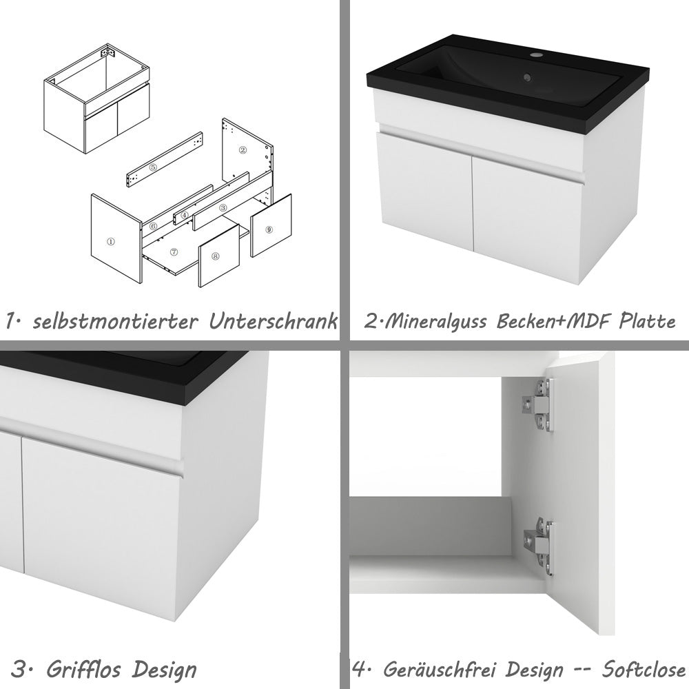 Badezimmer Badmöbel 60cm Schwarz Mineralguss Waschtisch mit Unterschrank Hängeschrank Weiß Matt Badezimmerschränke Badschrank mit 2 Soft-Close Türen