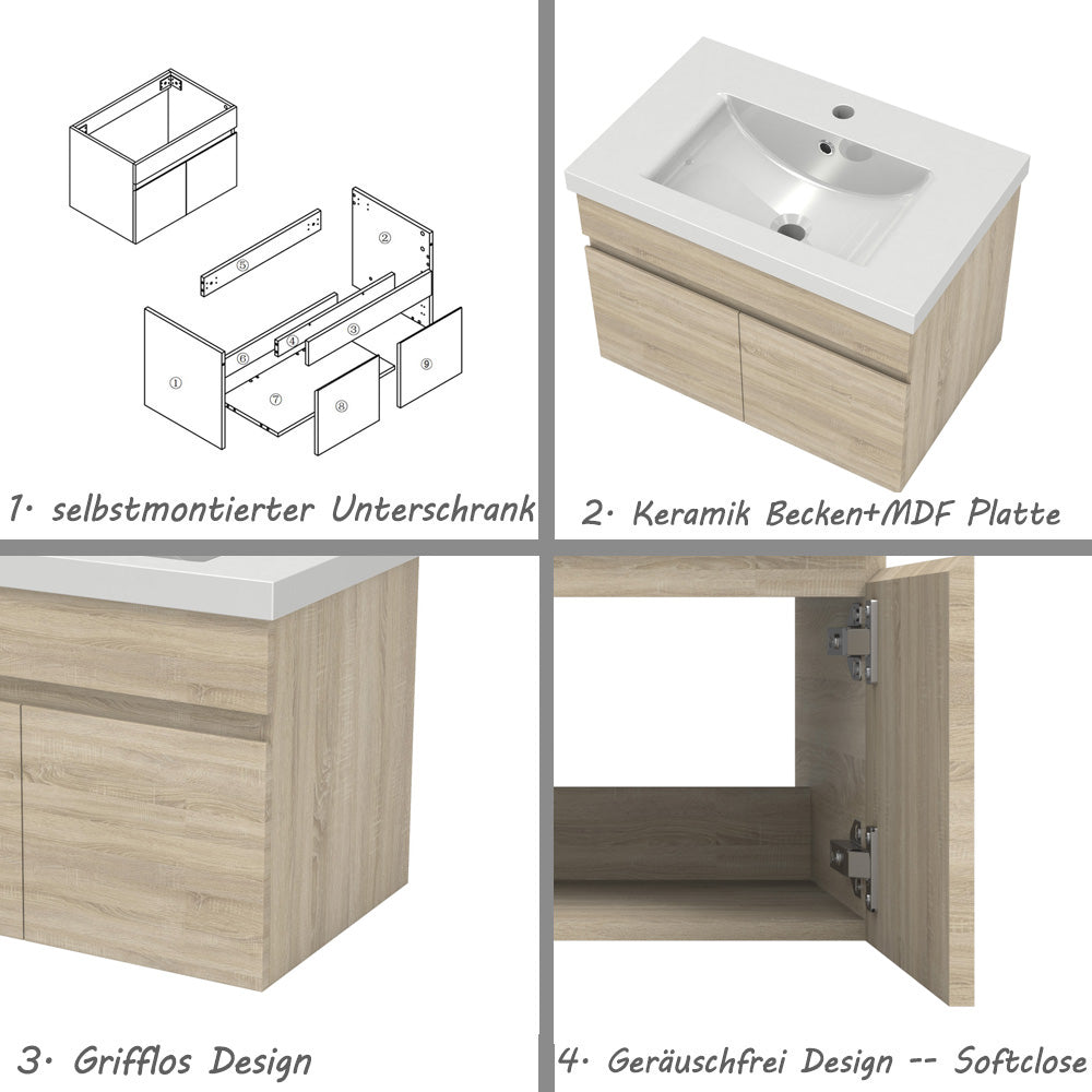 Badezimmer Badmöbel 60cm Dickes Keramik Waschtisch mit Unterschrank Hängeschrank Eiche Matt Badezimmerschränke Badschrank mit 2 Soft-Close Türen