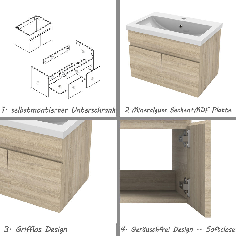 Badezimmer Badmöbel 60cm Mineralguss Waschtisch mit Unterschrank Hängeschrank Eiche Matt Badezimmerschränke Badschrank mit 2 Soft-Close Türen
