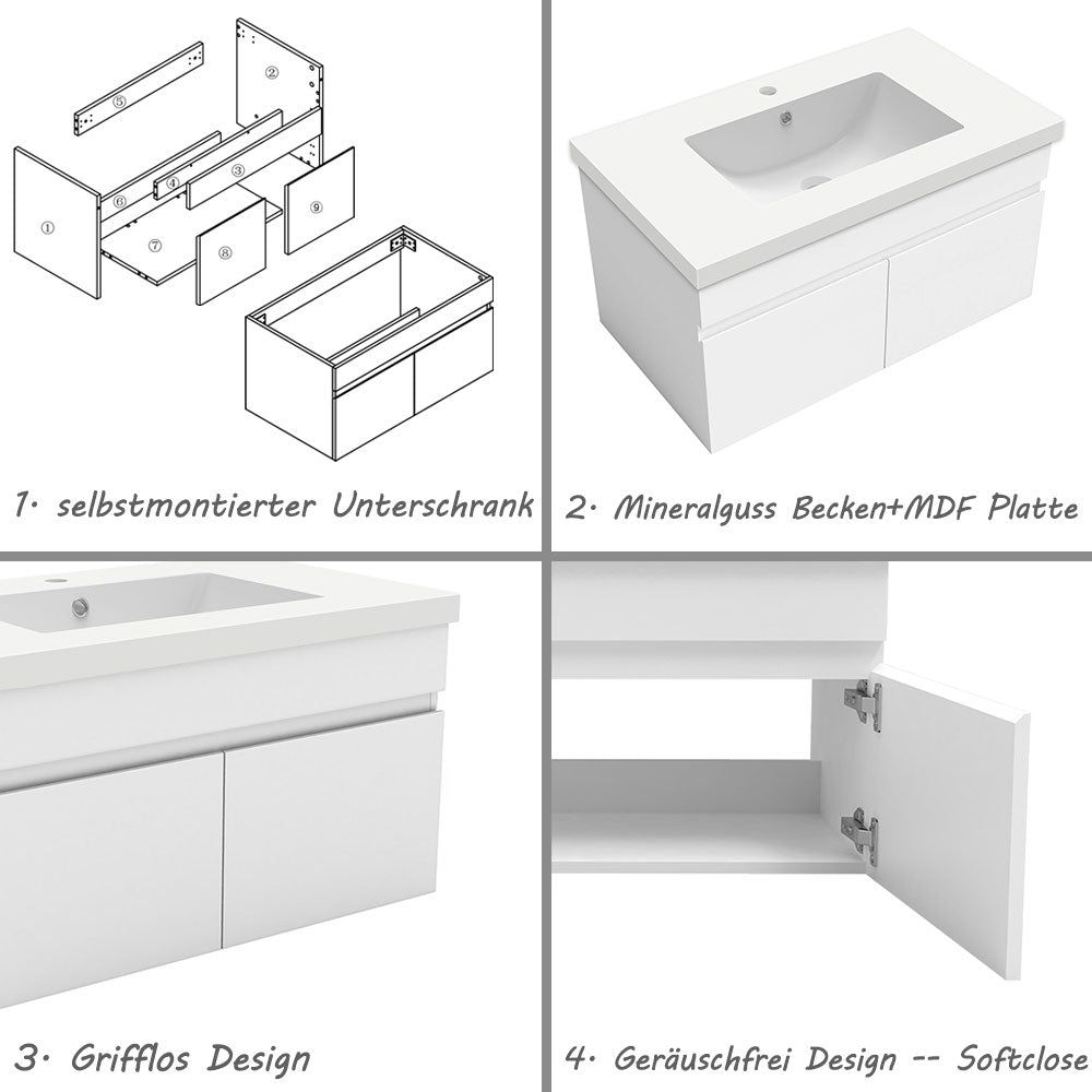 Badezimmer Badmöbel 80cm Mineralguss Waschtisch mit Unterschrank Hängeschrank Weiß Matt Badezimmerschränke Badschrank mit 2 Soft-Close Türen