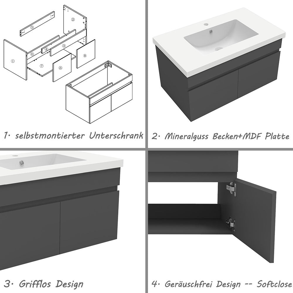Badezimmer Badmöbel 80cm Mineralguss Waschtisch mit Unterschrank Hängeschrank Dunkelgrau Matt Badezimmerschränke Badschrank mit 2 Soft-Close Türen