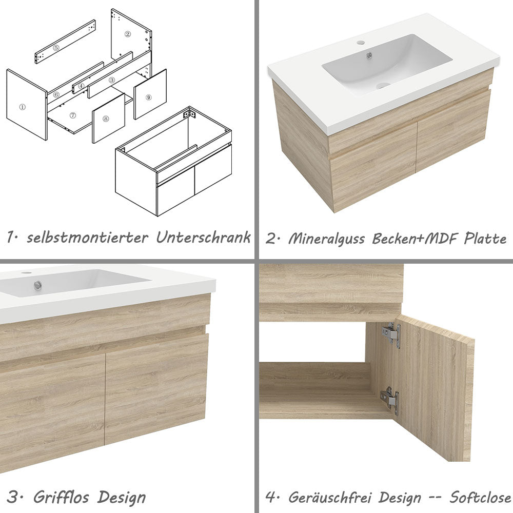 Badezimmer Badmöbel 80cm Mineralguss Waschtisch mit Unterschrank Hängeschrank Eiche Matt Badezimmerschränke Badschrank mit 2 Soft-Close Türen