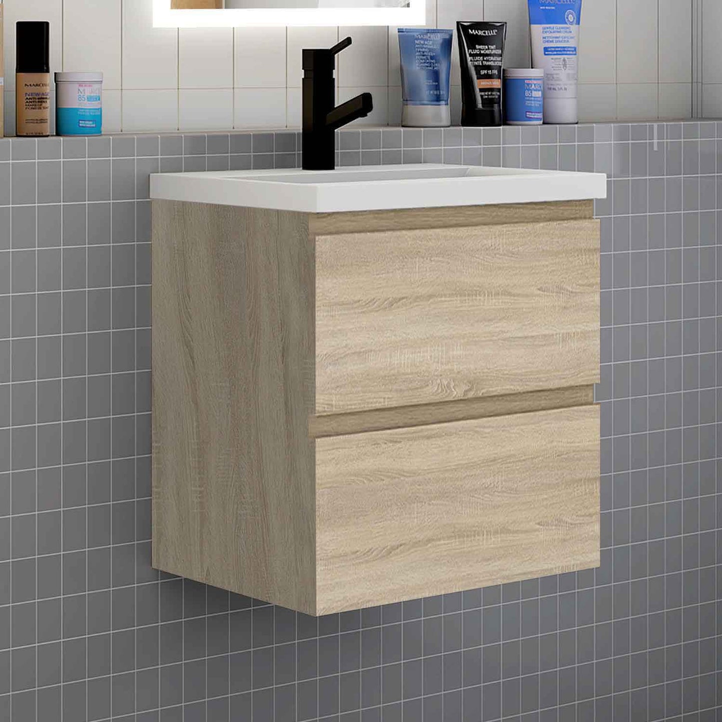 Badmöbel Set 50 cm Vormontiert Eiche Natur Waschbecken mit Unterschrank inkl. 2-Schubladen Soft-Close Funktion