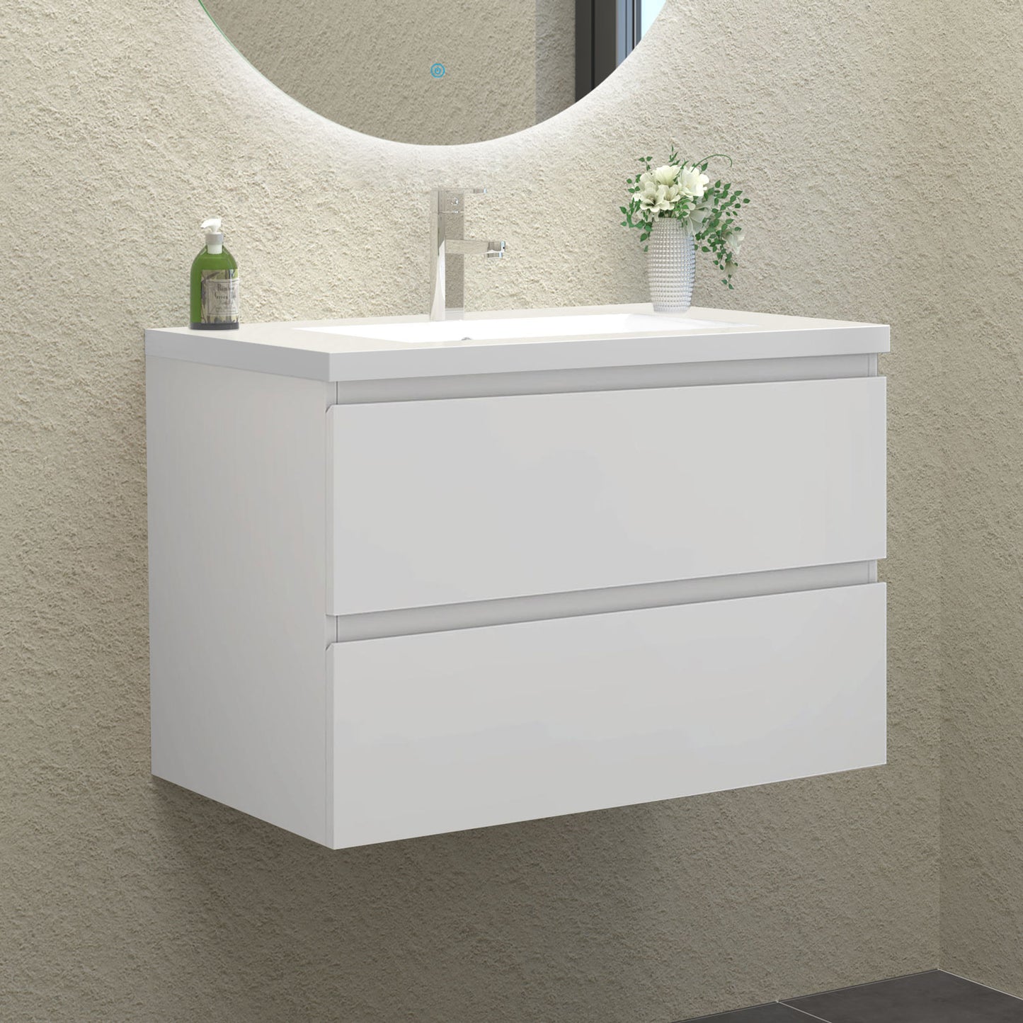 Badezimmermöbel 80cm Mineralguss Waschtisch mit Unterschrank Badmöbel set Badezimmerschränke mit 2 Soft-Close Schubladen Weiß Matt