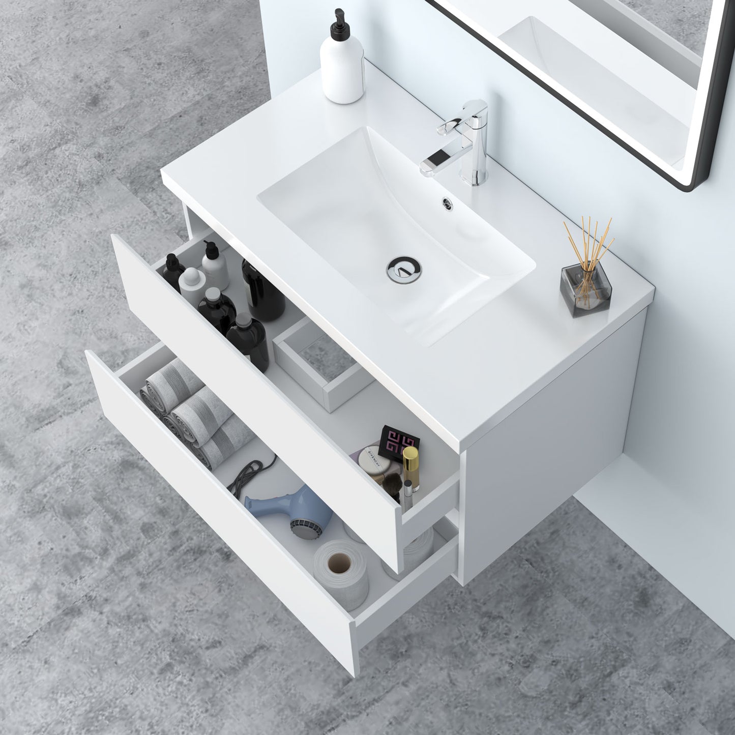 Badezimmermöbel 80cm Mineralguss Waschtisch mit Unterschrank Badmöbel set Badezimmerschränke mit 2 Soft-Close Schubladen Weiß Matt