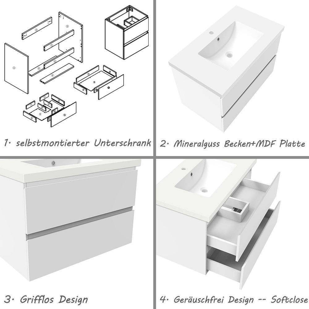 Badezimmermöbel 80cm Mineralguss Waschtisch mit Unterschrank Badmöbel set Badezimmerschränke mit 2 Soft-Close Schubladen Weiß Matt