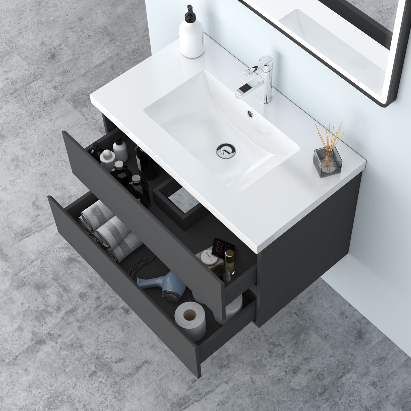 Badezimmermöbel 80cm Mineralguss Waschtisch mit Unterschrank Badmöbel set Badezimmerschränke mit 2 Soft-Close Schubladen Dunkelgrau Matt