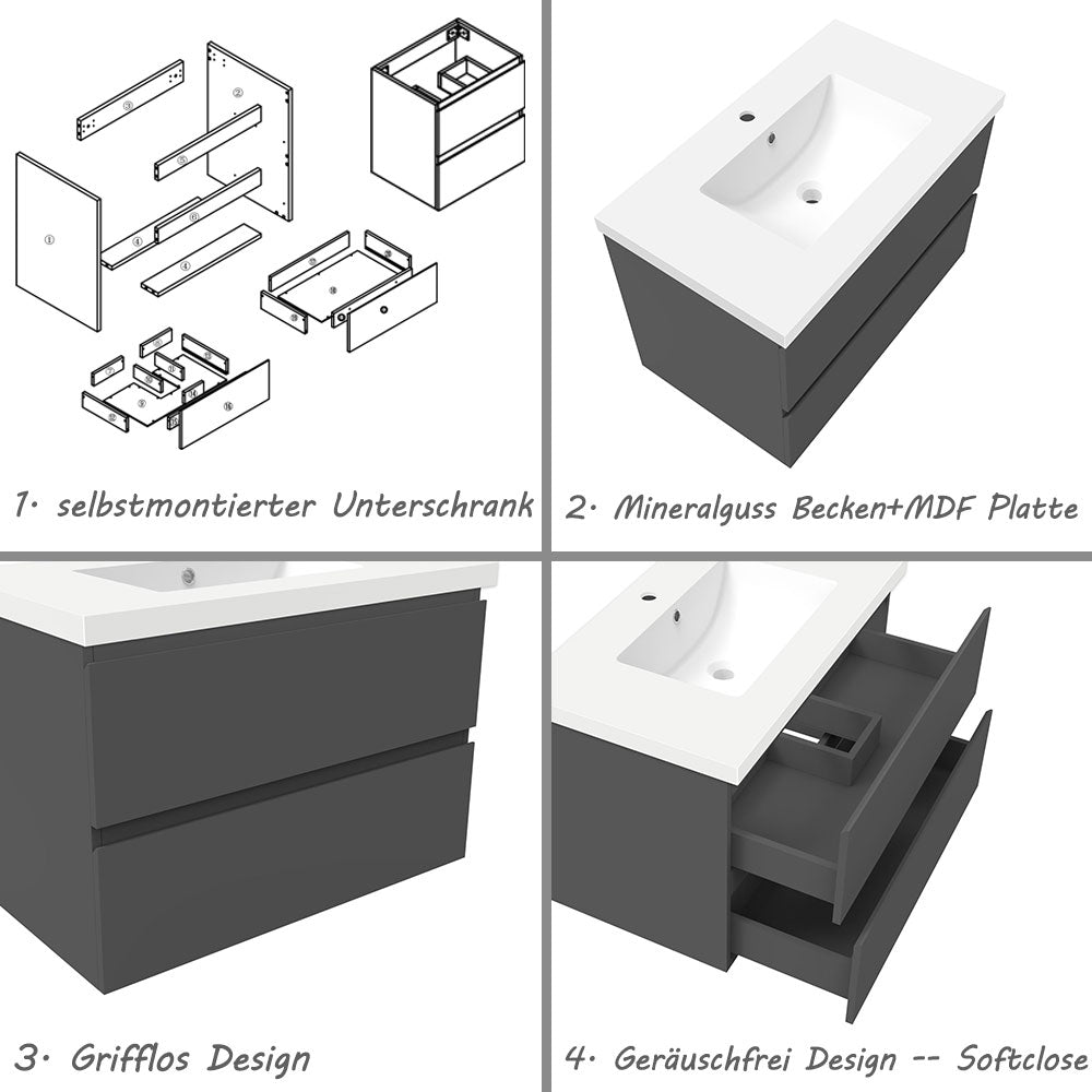 Badezimmermöbel 80cm Mineralguss Waschtisch mit Unterschrank Badmöbel set Badezimmerschränke mit 2 Soft-Close Schubladen Dunkelgrau Matt