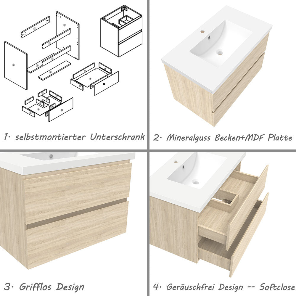 Waschtisch mit Unterschrank 80 cm Badmöbel Set Waschbecken mit Unterschrank Eiche Matt Softclose