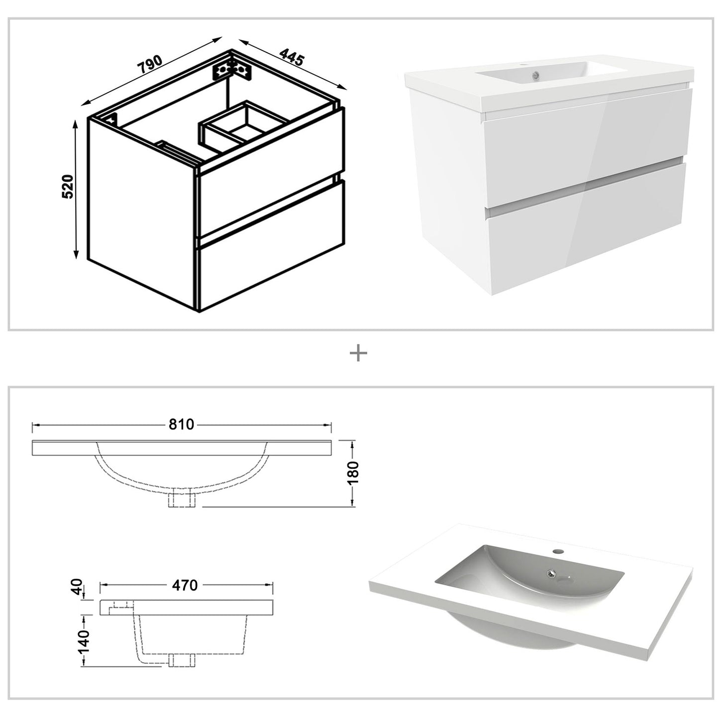 Badezimmermöbel 80cm Mineralguss Waschtisch mit Unterschrank Badmöbel set Badezimmerschränke mit 2 Soft-Close Schubladen Hochglanz Weiß