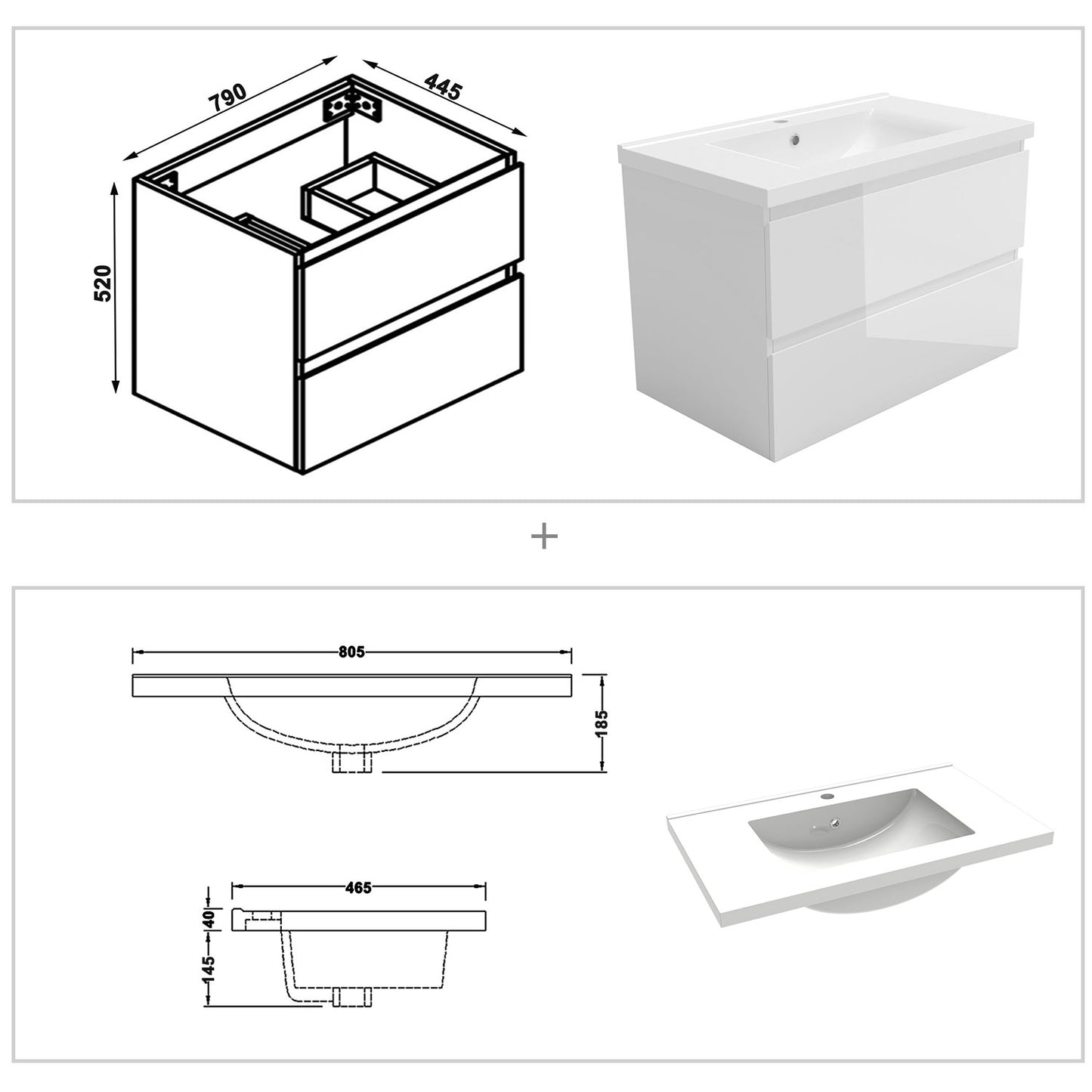 Badezimmermöbel 80cm Keramik Waschtisch mit Unterschrank Badmöbel set Badezimmerschränke mit 2 Soft-Close Schubladen Hochglanz Weiß