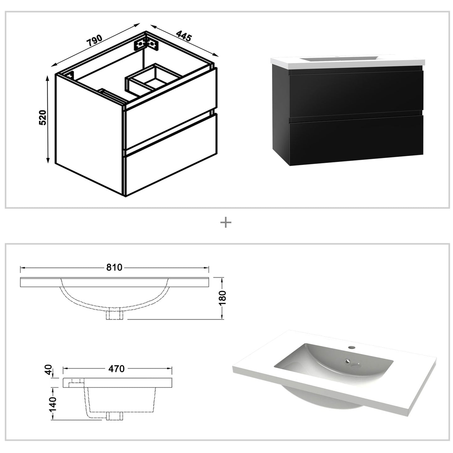 Badezimmermöbel 80cm Mineralguss Waschtisch mit Unterschrank Badmöbel set Badezimmerschränke mit 2 Soft-Close Schubladen Hochglanz Schwarz