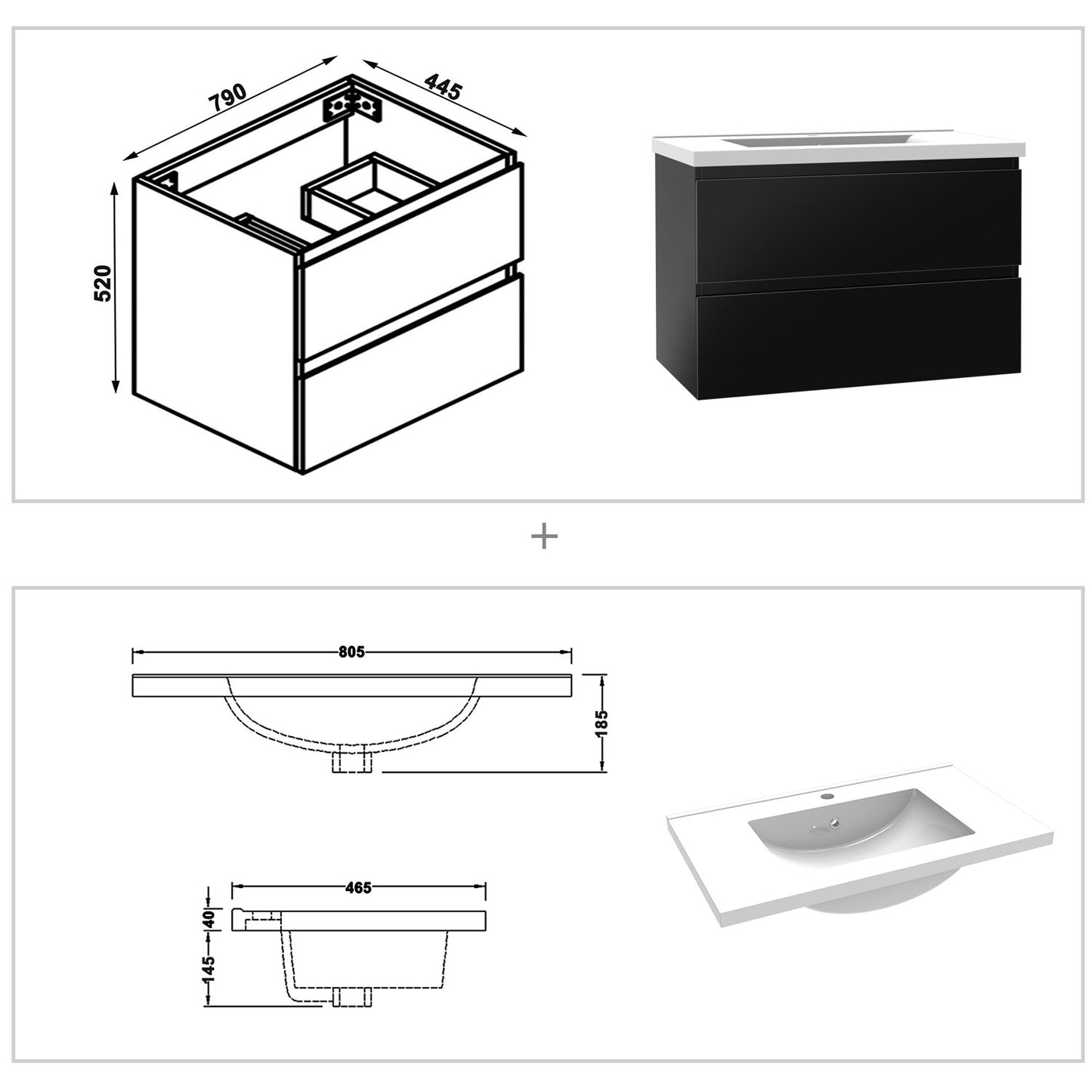 Badezimmermöbel 80cm Keramik Waschtisch mit Unterschrank Badmöbel set Badezimmerschränke mit 2 Soft-Close Schubladen Hochglanz Schwarz