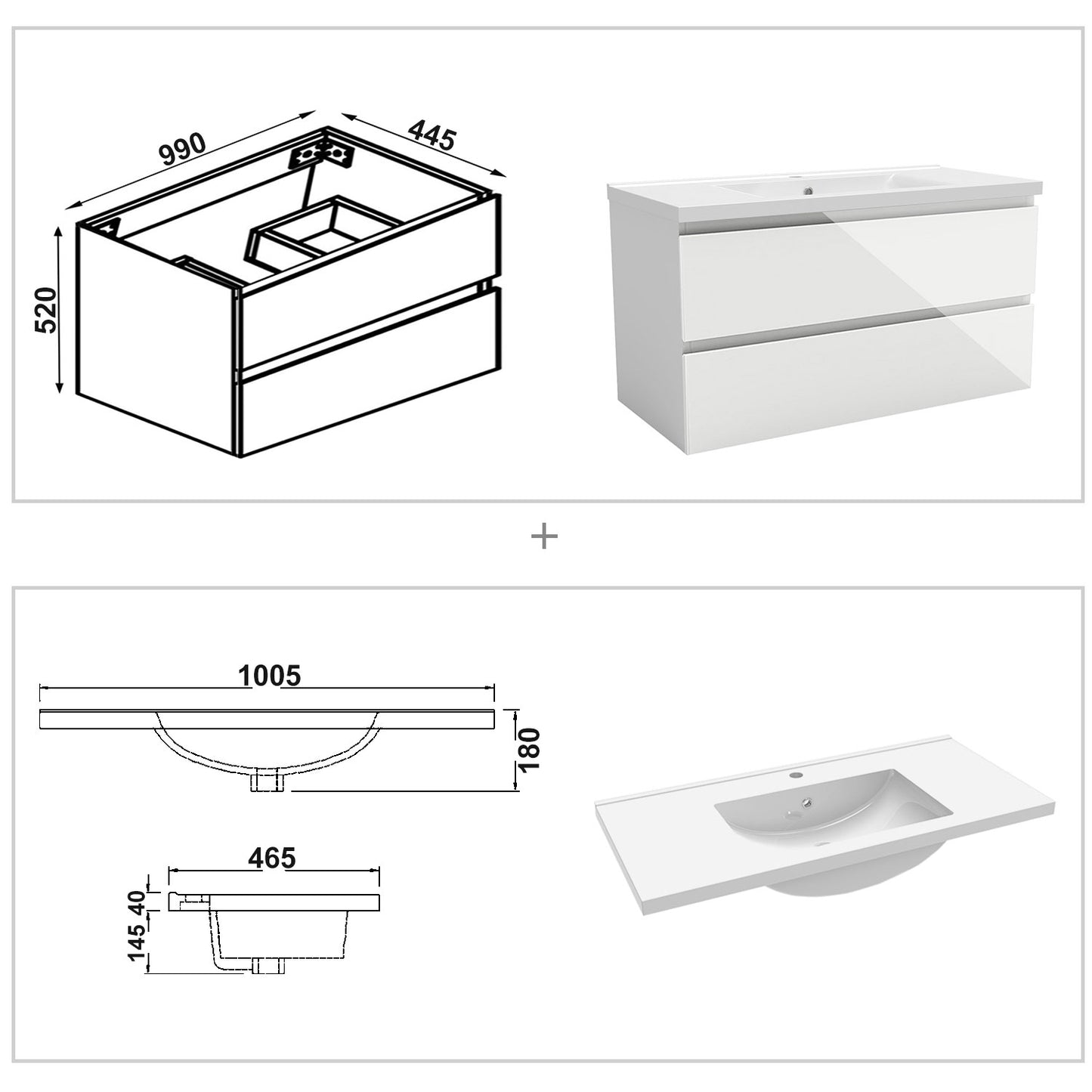 Badezimmermöbel 100cm Keramik Waschtisch mit Unterschrank Badmöbel set Badezimmerschränke mit 2 Soft-Close Schubladen Hochglanz Weiß