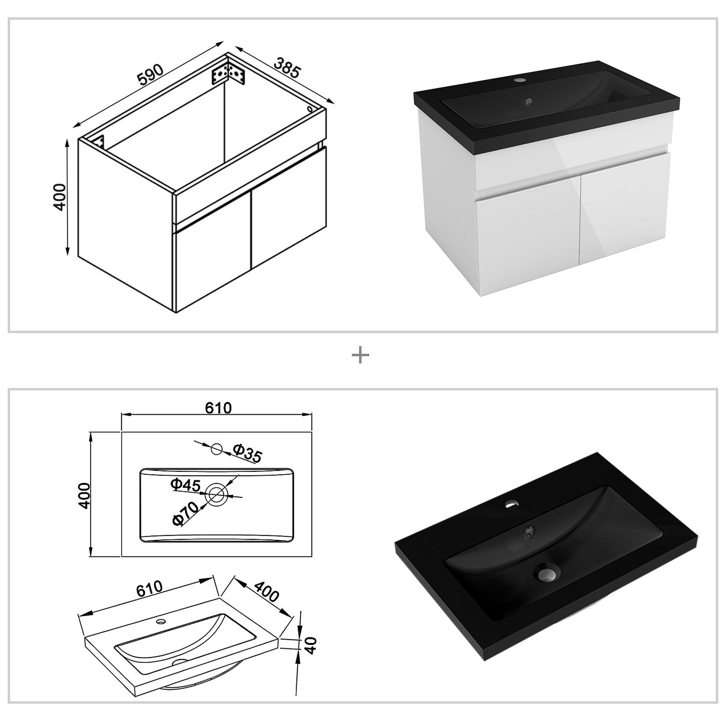 Badezimmer Badmöbel 60cm Schwarz Mineralguss Waschtisch mit Unterschrank Hängeschrank Hochglanz Weiß Badezimmerschränke Badschrank mit 2 Soft-Close Türen