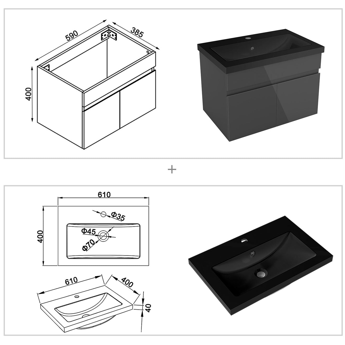 Badezimmer Badmöbel 60cm Schwarz Mineralguss Waschtisch mit Unterschrank Hängeschrank Hochglanz Dunkelgrau Badezimmerschränke Badschrank mit 2 Soft-Close Türen