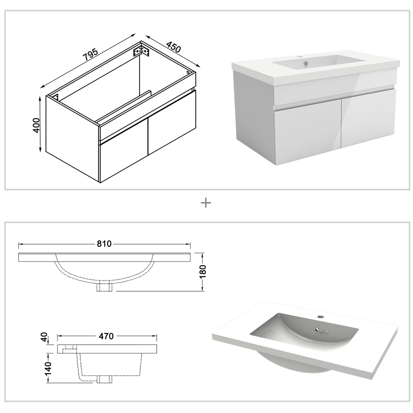 Badezimmer Badmöbel 80cm Mineralguss Waschtisch mit Unterschrank Hängeschrank Hochglanz Weiß Badezimmerschränke Badschrank mit 2 Soft-Close Türen