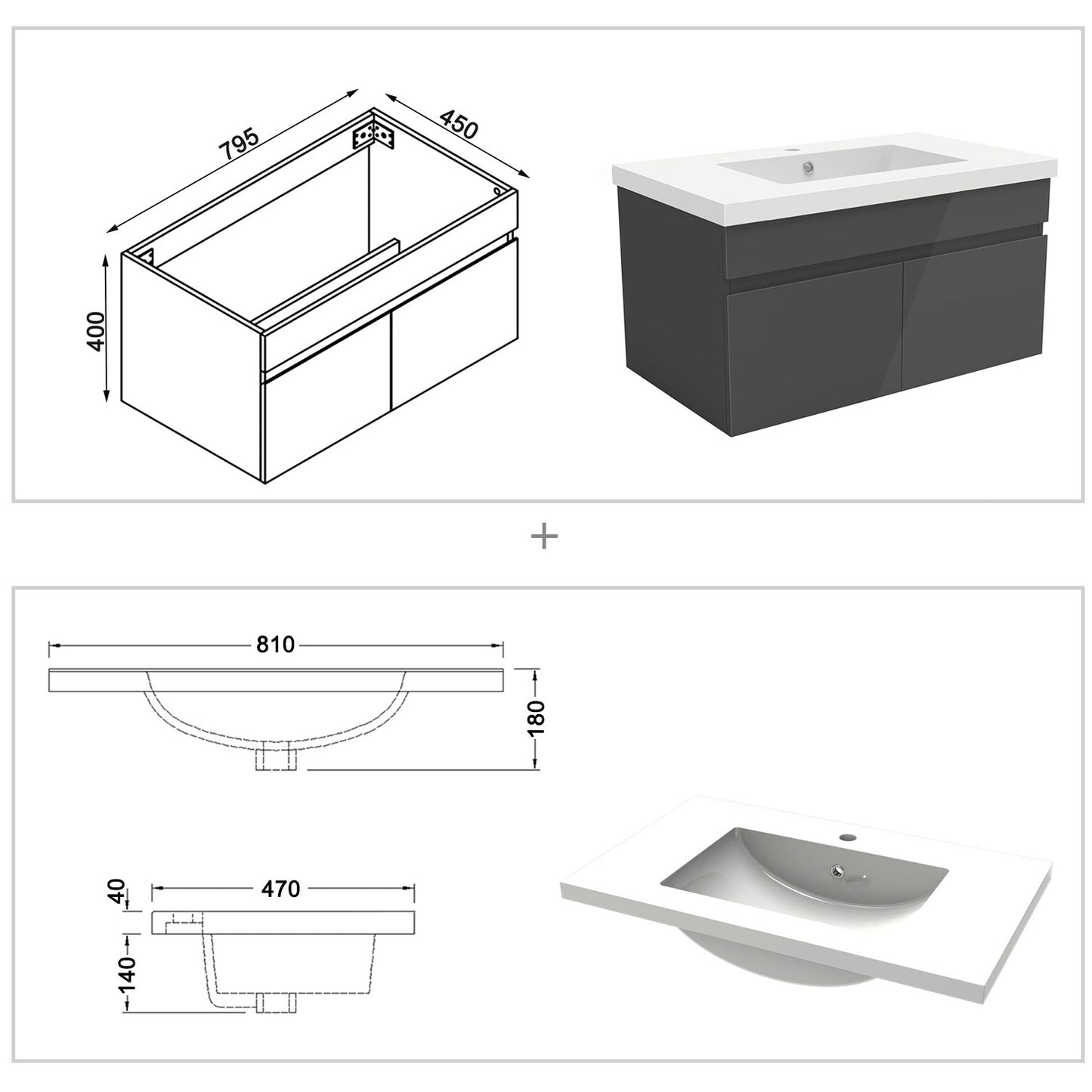 Badezimmer Badmöbel 80cm Mineralguss Waschtisch mit Unterschrank Hängeschrank Hochglanz Dunkelgrau Badezimmerschränke Badschrank mit 2 Soft-Close Türen