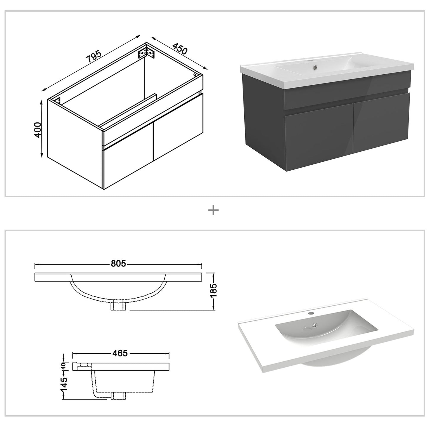 Badezimmer Badmöbel 80cm Keramik Waschtisch mit Unterschrank Hängeschrank Hochglanz Dunkelgrau Badezimmerschränke Badschrank mit 2 Soft-Close Türen