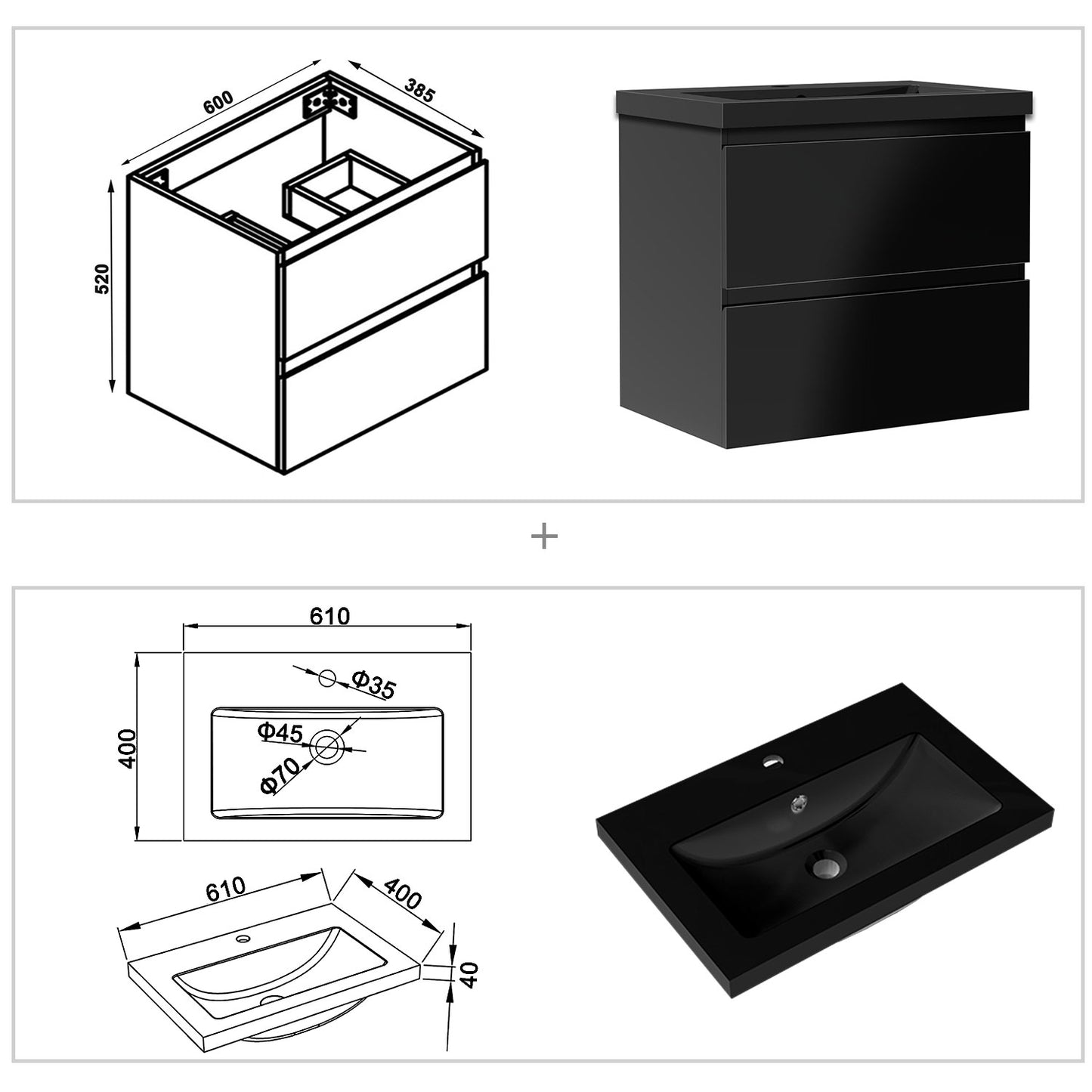 Badezimmermöbel 60cm Schwarz Mineralguss Waschtisch mit Unterschrank Badmöbel set Badezimmerschränke mit 2 Soft-Close Schubladen Hochglanz Schwarz