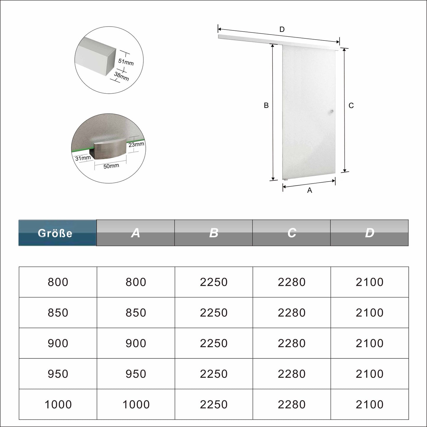 8 mm Glasschiebetür Satiniert SoftStop SoftClose 80x H.225 cm Schiebetür ESG Schwebetür
