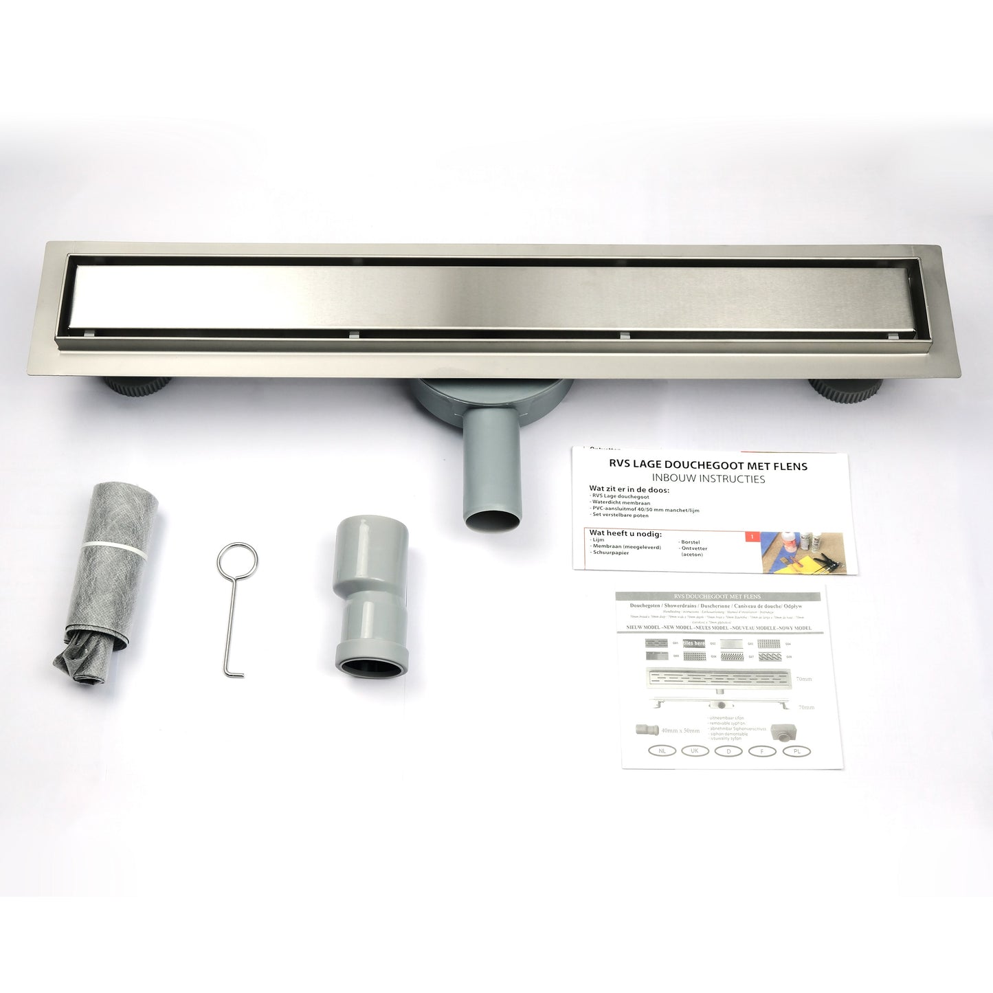 Duschrinne mit 360° drehbarem Siphon, befliesbarer Bodenablauf mit Geruchsstop und Haarsieb 80cm