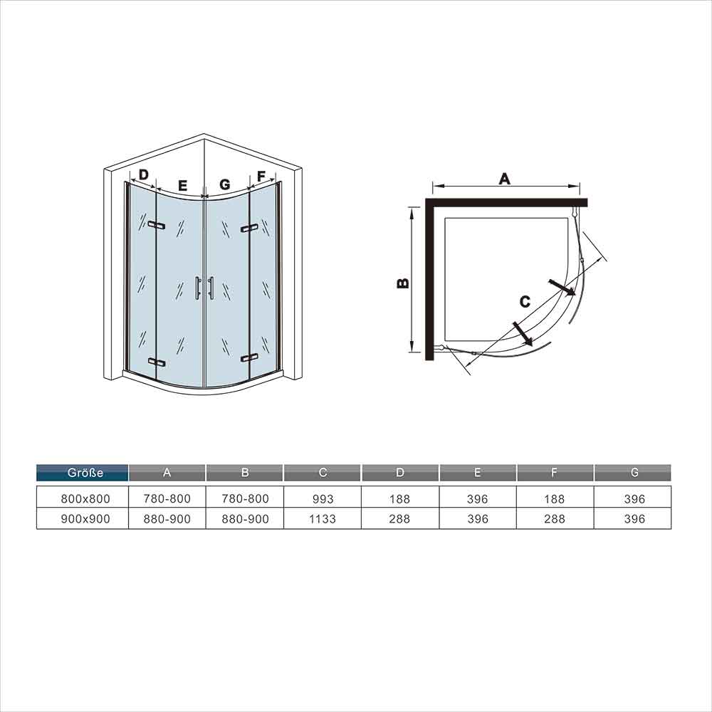 Viertelkreis Duschkabine 90x90 x H. 195 cm falttür Dusche Eckeinstieg Runddusche Duschabtrennung Glas Dusche ebenerdig Dimensions
