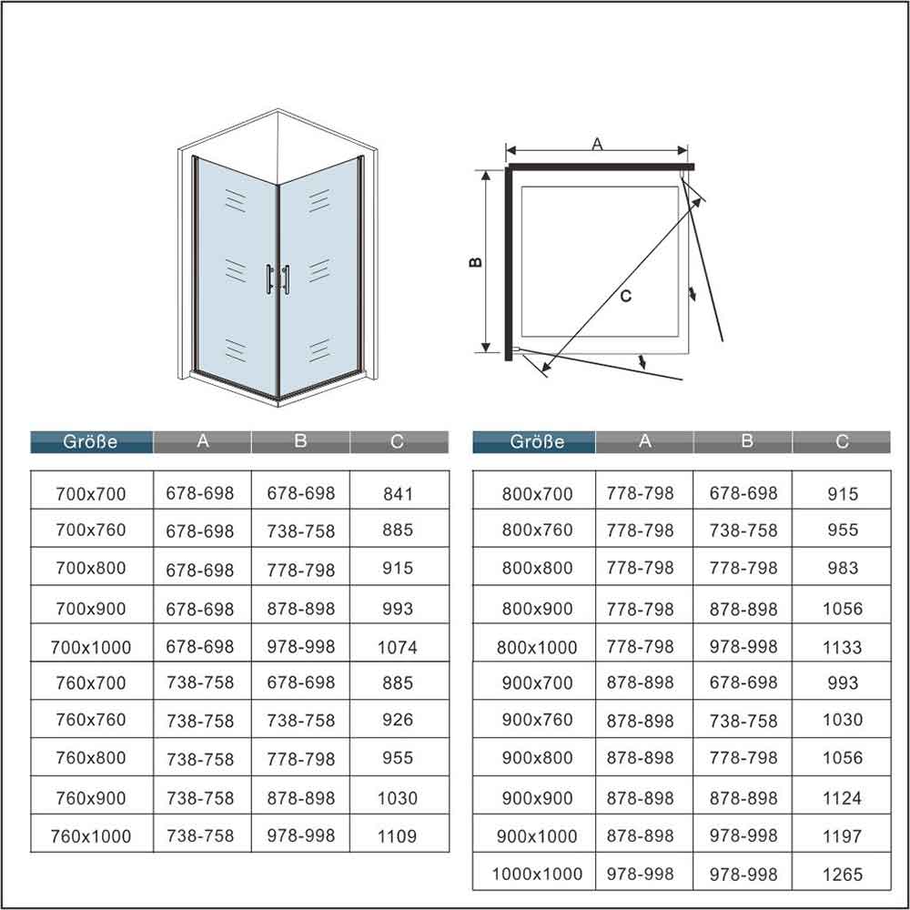 Duschkabine 90x90 x H. 180 cm Drehtür Eckeinstieg mit Duschwanne Duschabtrennung Glasdusche Dusche Ebenerdig Dimensions