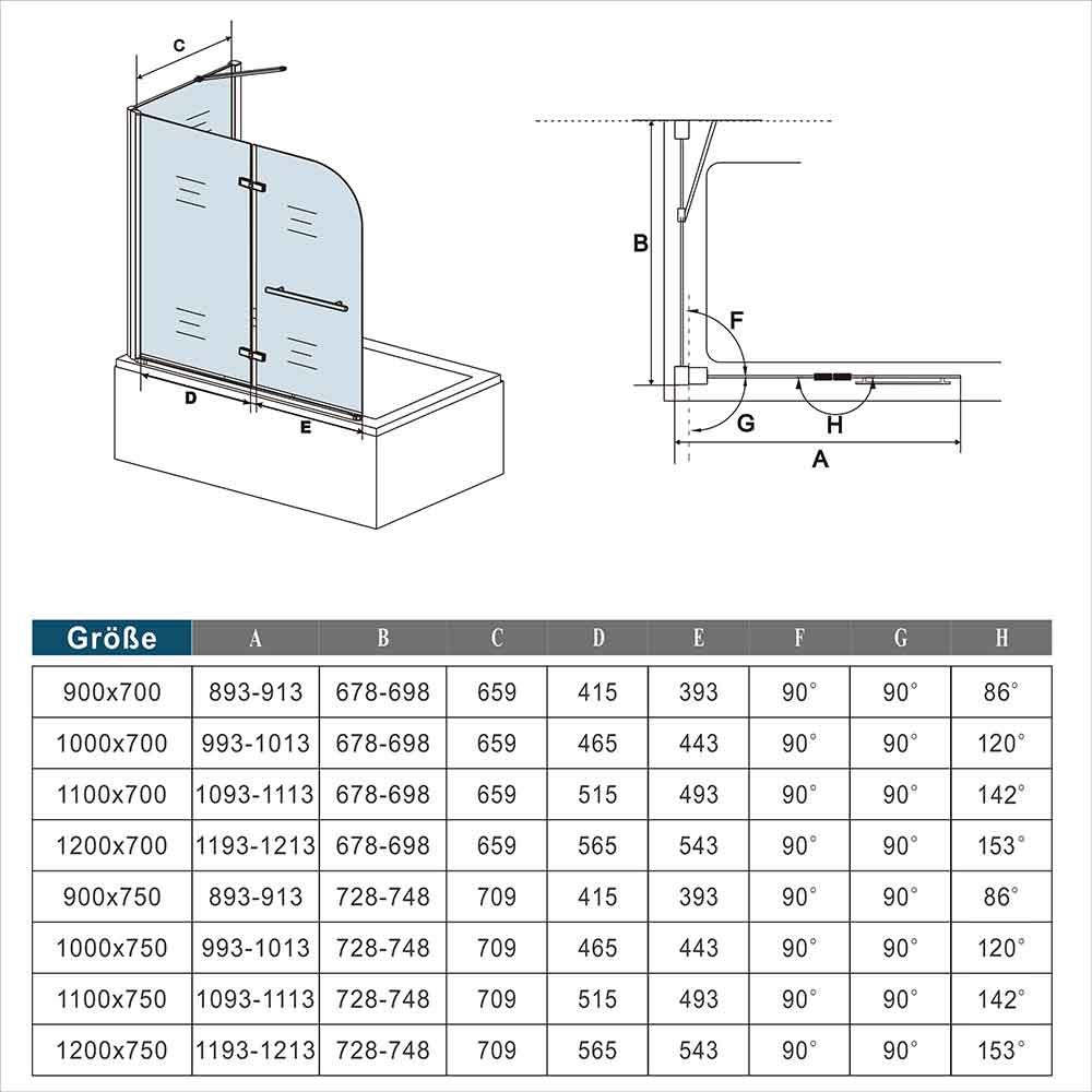 Badewannenfaltwand Badewannenaufsatz mit Seitenwand 100+70 x H.140 cm NANO Glas Duschwände für Badewannen Dimensions