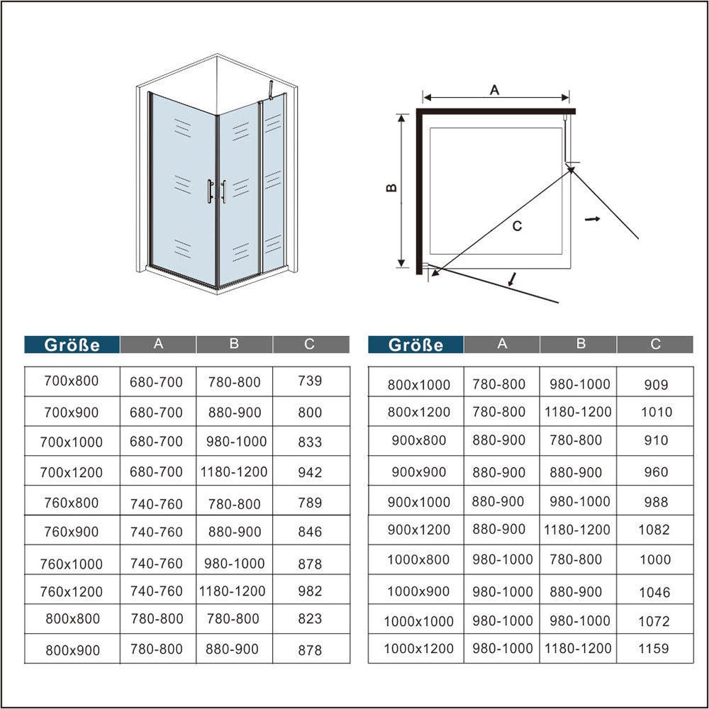 Duschkabine 120x90 x H. 195 cm Falttür+Drehtür Dusche Eckeinstieg Duschabtrennung Glasdusche Dusche Ebenerdig