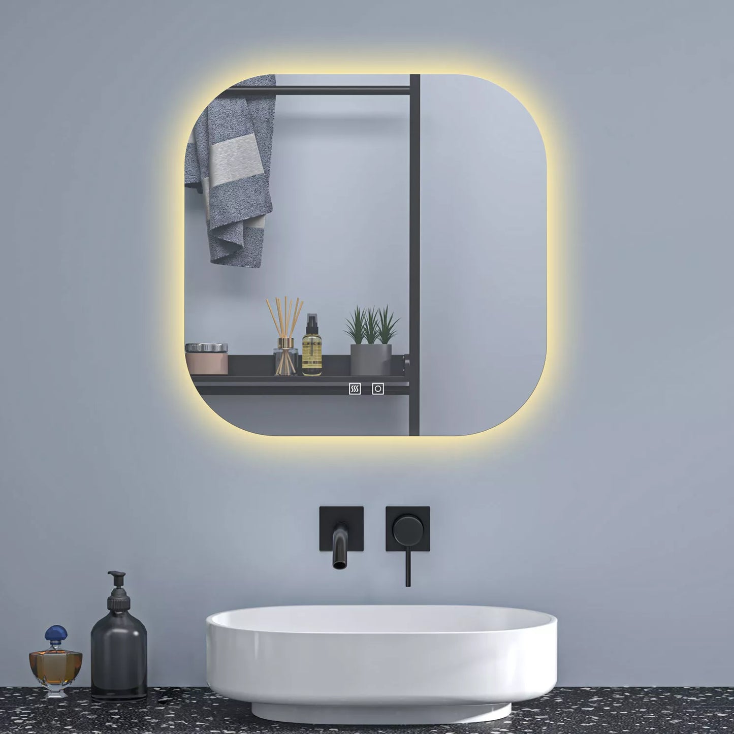 Badspiegel Quadrat mit Beleuchtung 70 cm Kalt/Neutral/Warmweiß Beschlagfrei dimmbar Memory eine Stunde automatische Abschaltung Touch/Wandschalter Spiegel mit Beleuchtung Badezimmerspiegel IP44