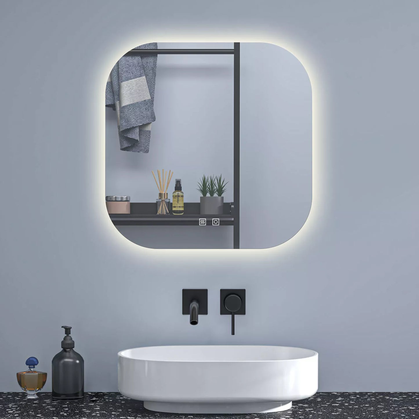 Badspiegel Quadrat mit Beleuchtung 70 cm Kalt/Neutral/Warmweiß Beschlagfrei dimmbar Memory eine Stunde automatische Abschaltung Touch/Wandschalter Spiegel mit Beleuchtung Badezimmerspiegel IP44